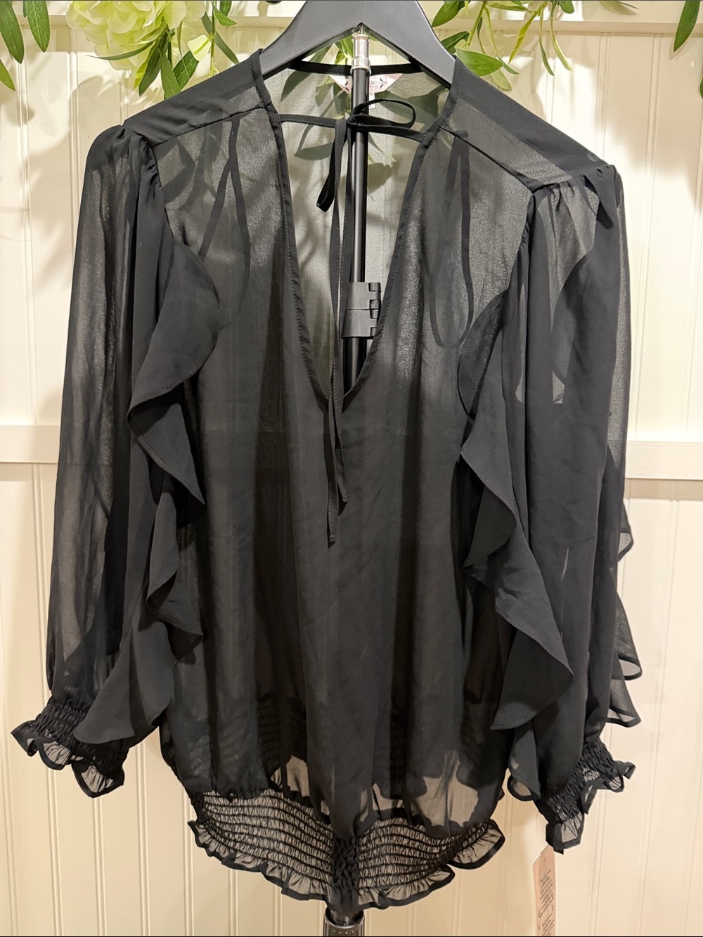 NWT! #1043 NANETTE LEPORE Black Sheer Ruffle Tie-Neck Blouse